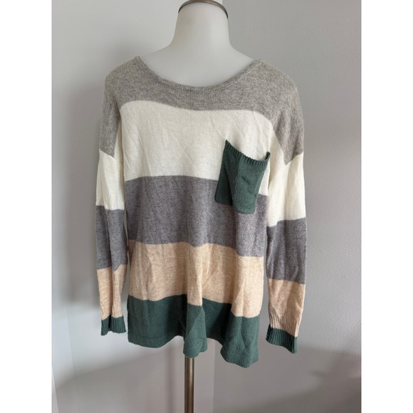Vanilla Bay Sweaters - Vanilla Bay Womens Striped Long Sleeve Pocket Sweater Grey Green Tan Size Small